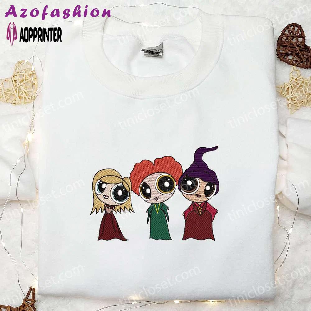 Chibi sanderson sisters x powerpuff girls embroidered shirt: hocus pocus & halloween delight Embroidered Shirt