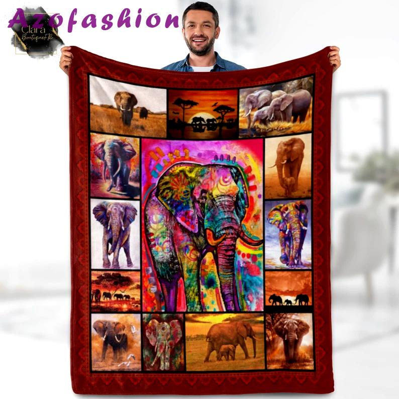 Colorful elephant animals lover gift fleece blanket, mink sherpa blanket, elephant quilt, wildlife blanket, animals lovers quilt Quilt Blanket