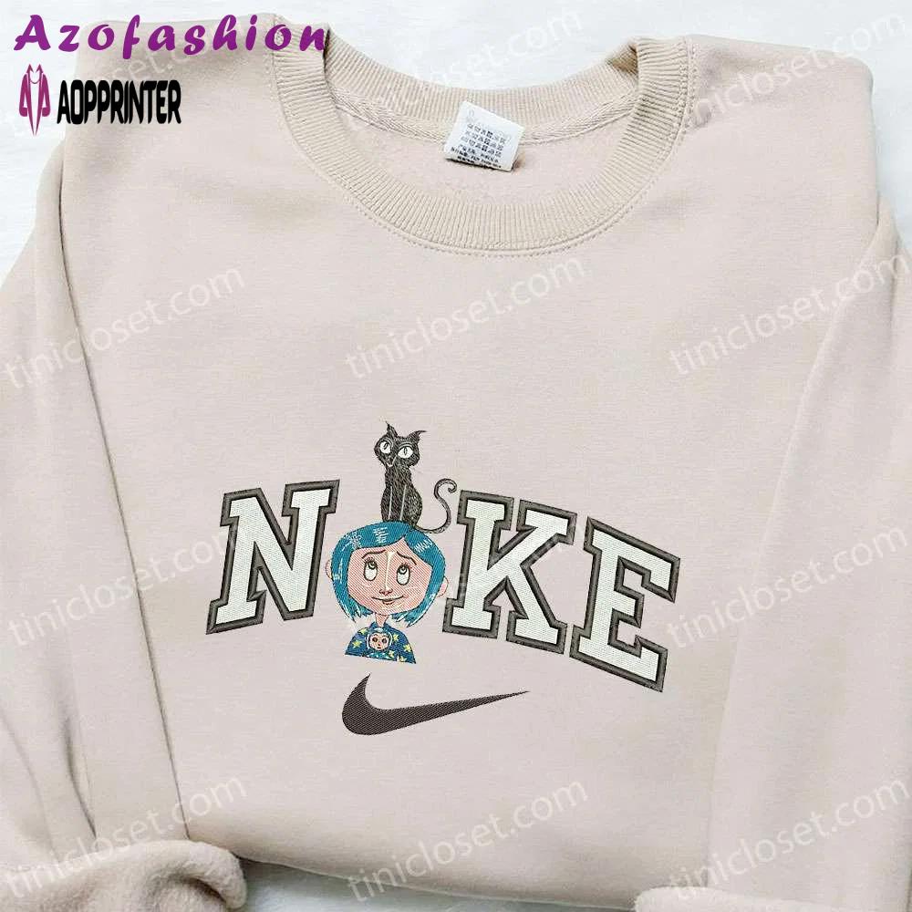 Coraline & cat x nike cartoon embroidered shirt – halloween & nike inspired design Embroidered Shirt