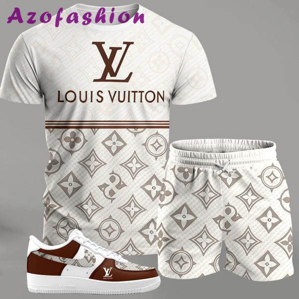 Cream monogram streetwear set for men, logo-print t-shirt and matching shorts with brown accent sneakers T-Shirt Short Sneakers Set