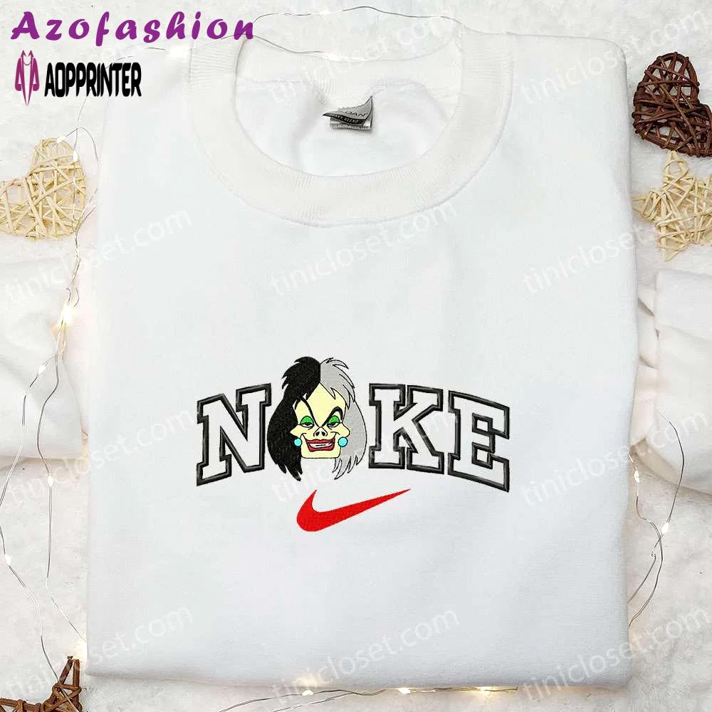 Cruella x nike cartoon embroidered shirt: stylish cruella de vil inspired nike shirt Embroidered Shirt