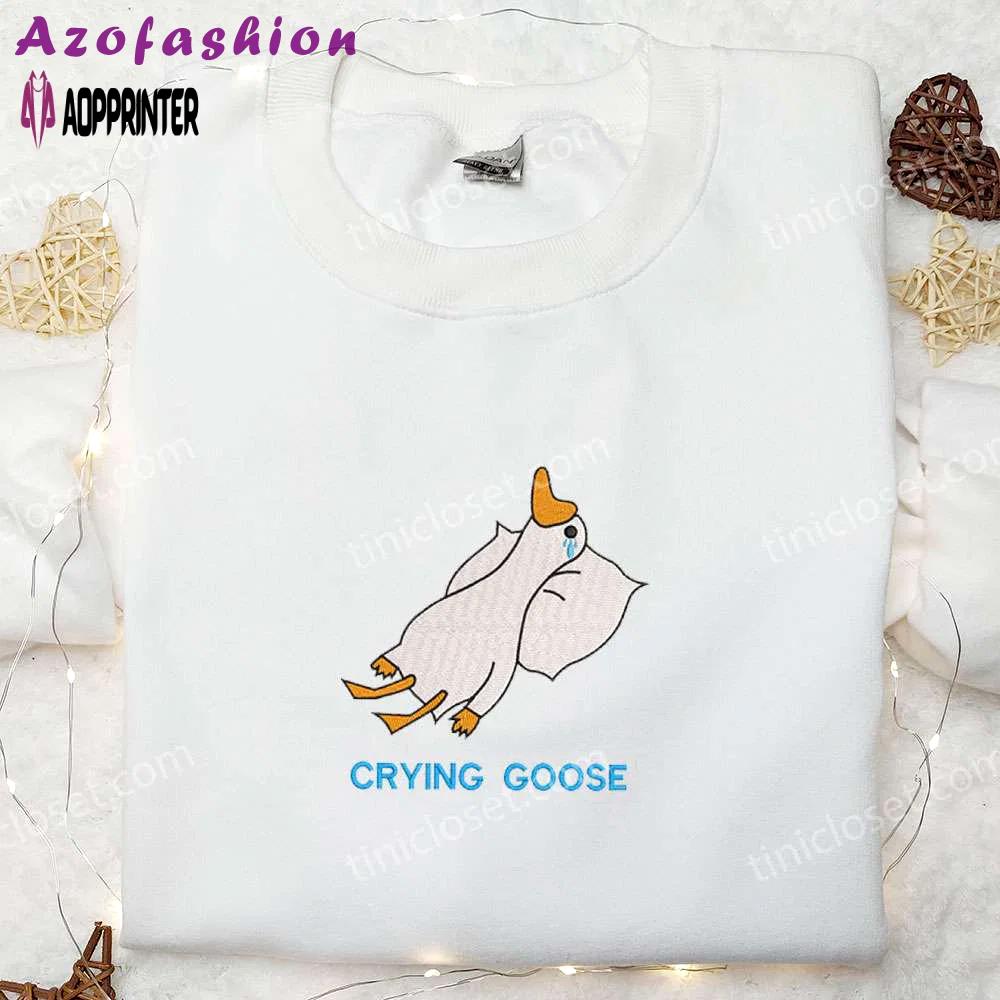 Crying silly goose embroidered shirt – funny animal design for a hilarious look Embroidered Shirt