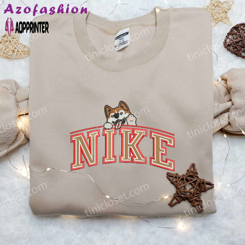 Custom corgi saying hi x nike embroidered shirt – animal embroidery for a unique look! Embroidered Shirt
