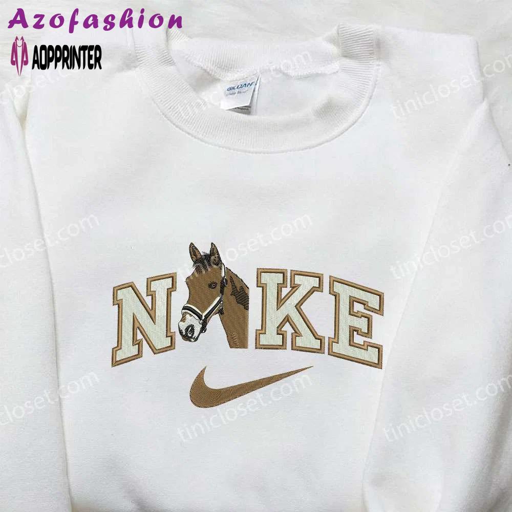Custom nike x brown horse embroidered shirt – animal design for trendy style Embroidered Shirt