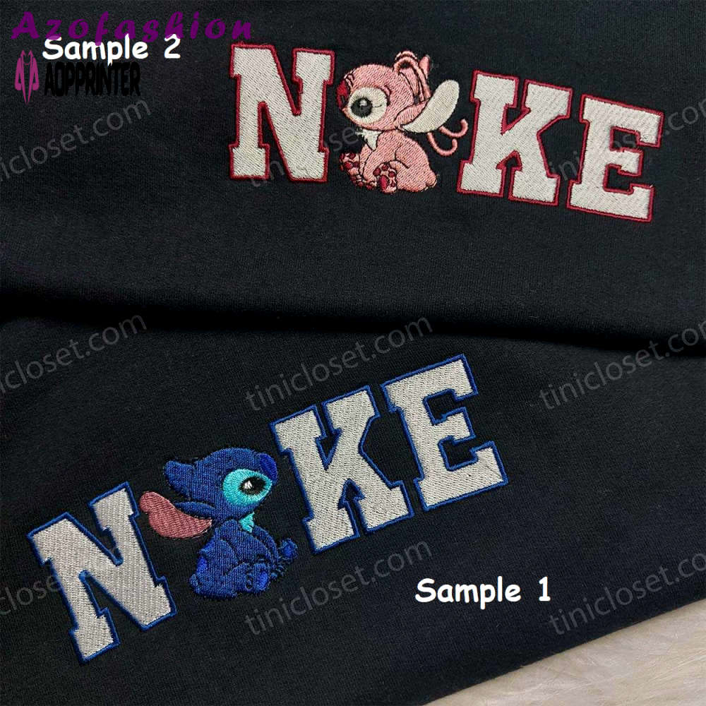 Custom stitch angel & nike embroidered shirt: romantic disney couple tee Embroidered Shirt