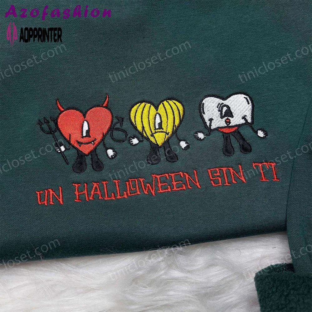 Cute little bad bunny shirt: un halloween sin ti embroidered – cool halloween shirts Embroidered Shirt