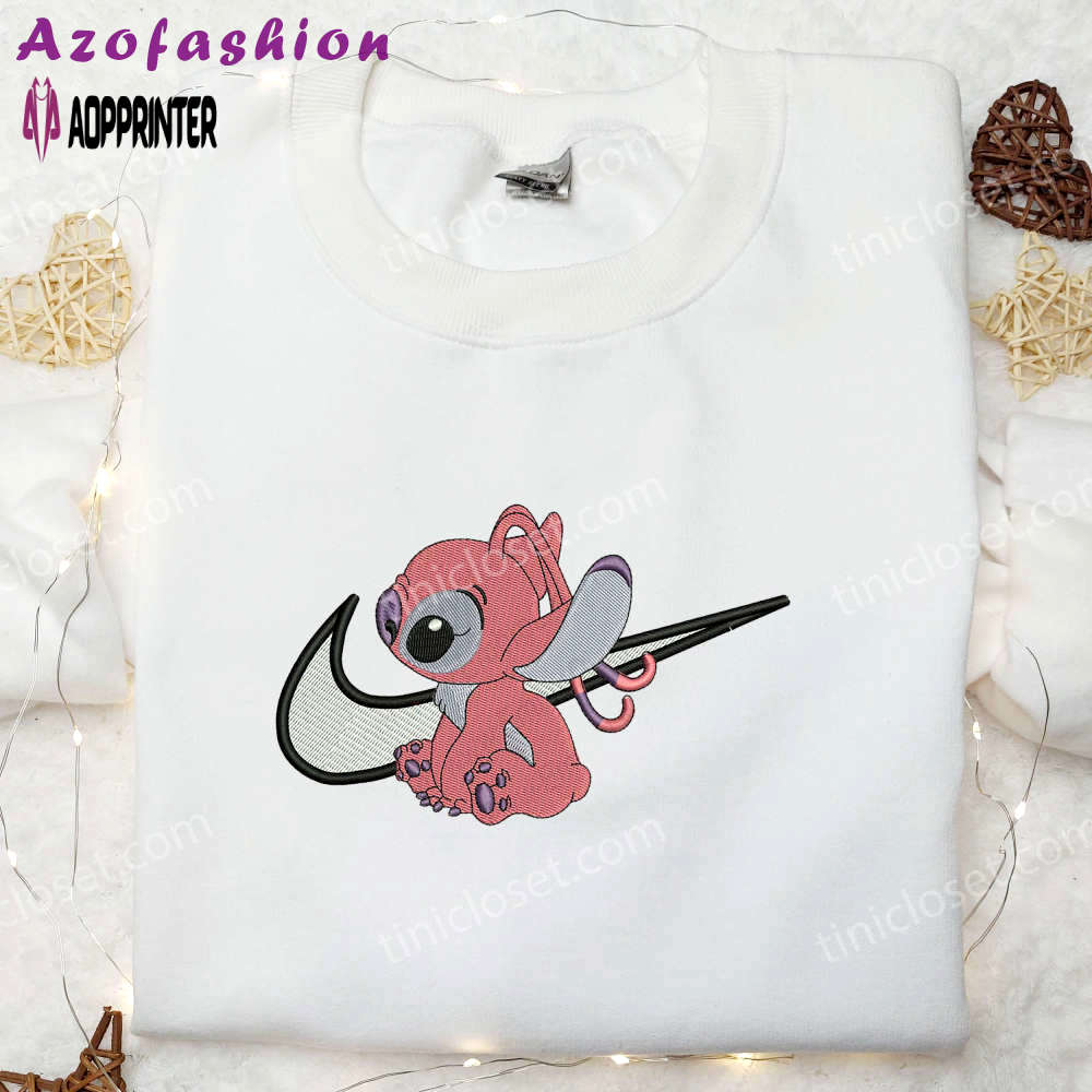 Disney lilo & stitch angel nike swoosh embroidered shirt – family nike inspired shirts Embroidered Shirt