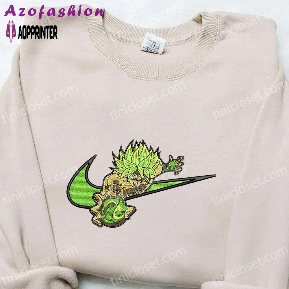 Dragon ball embroidered shirt: broly x nike swoosh anime tee nike inspired design Embroidered Shirt
