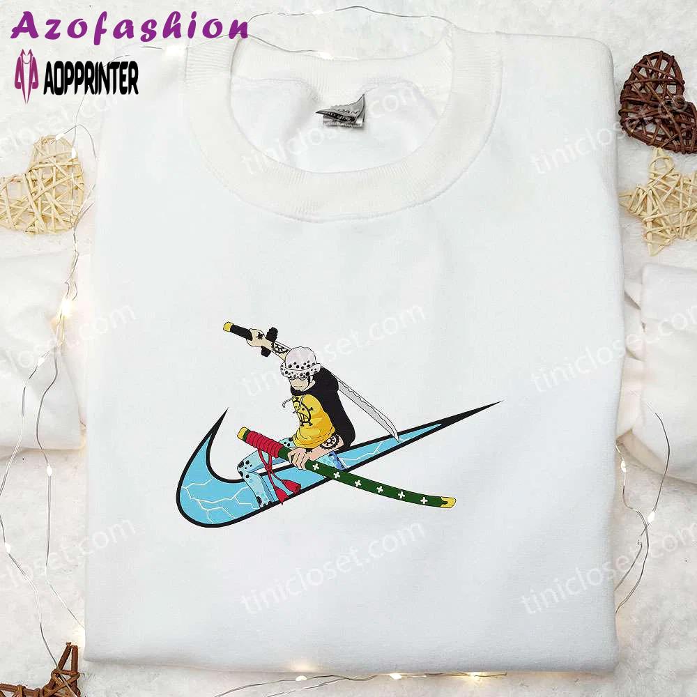 Exclusive trafalgar d water law x nike anime embroidered hoodie & shirts: one piece & nike inspired Embroidered Shirt