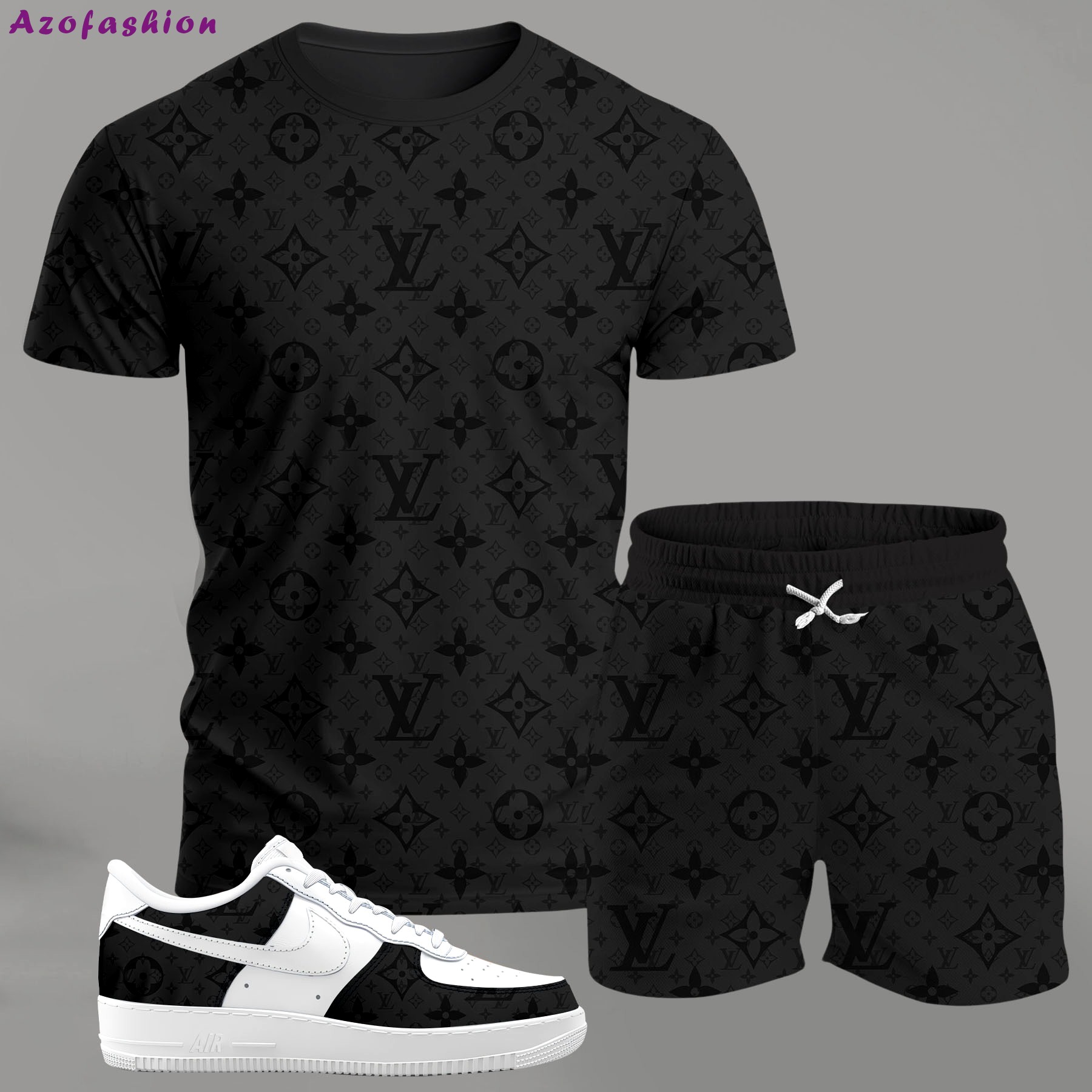 For the girls who love all-black minimal vibes, monogram graphic tee outfit t-shirt – dark tonal pattern | clean girl aesthetic outfit ideas T-Shirt Short Sneakers Set