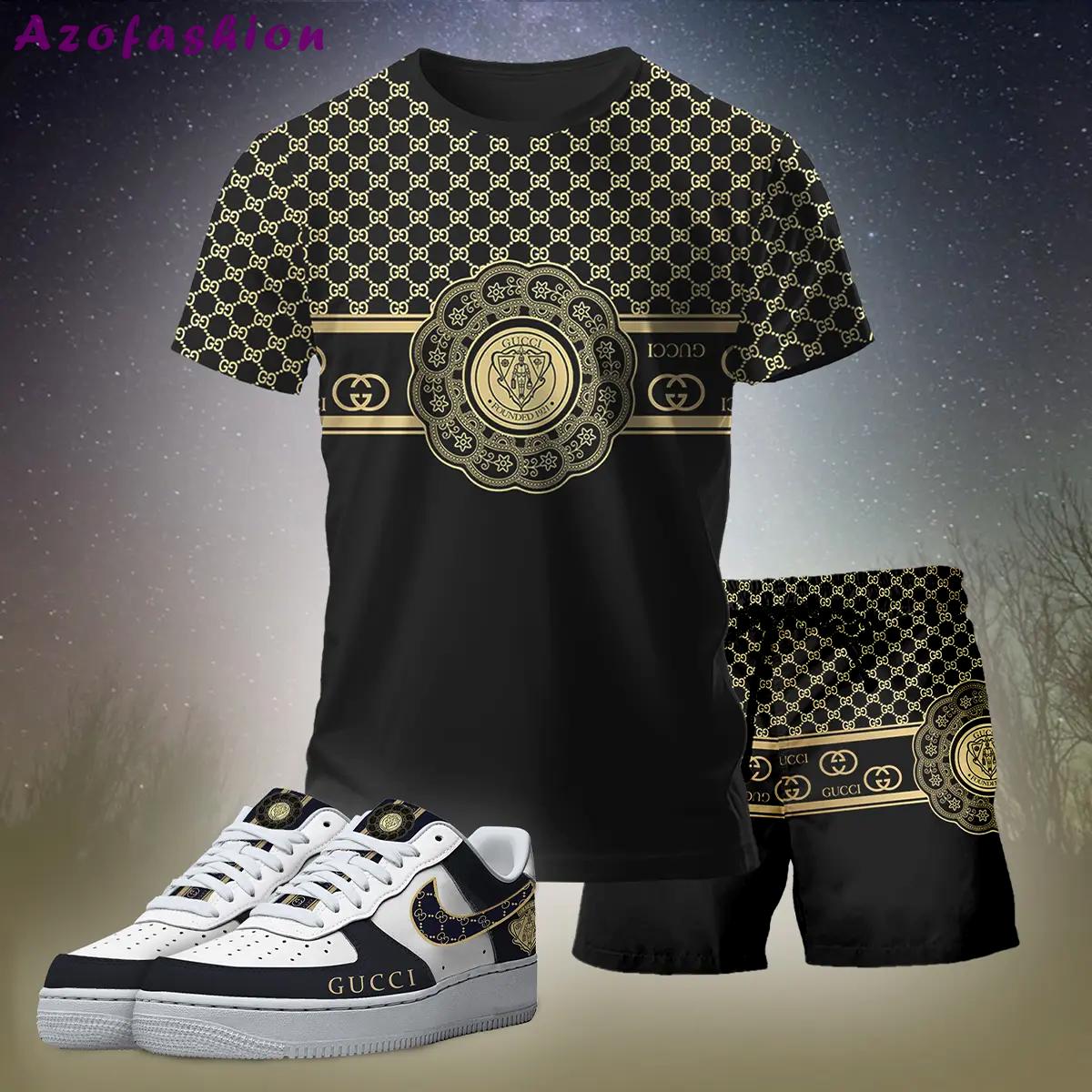 For the girls who love bold luxe black fits, minimal gold graphic tee outfit t-shirt – black monogram print | clean girl aesthetic outfit ideas T-Shirt Short Sneakers Set