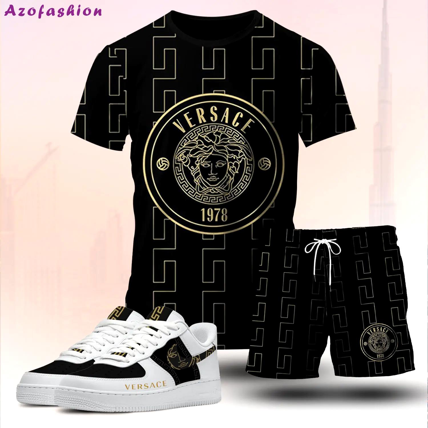 For the girls who love bold luxury streetwear, versace graphic tee set – black gold casual outfit with clean aesthetic T-Shirt Short Sneakers Set