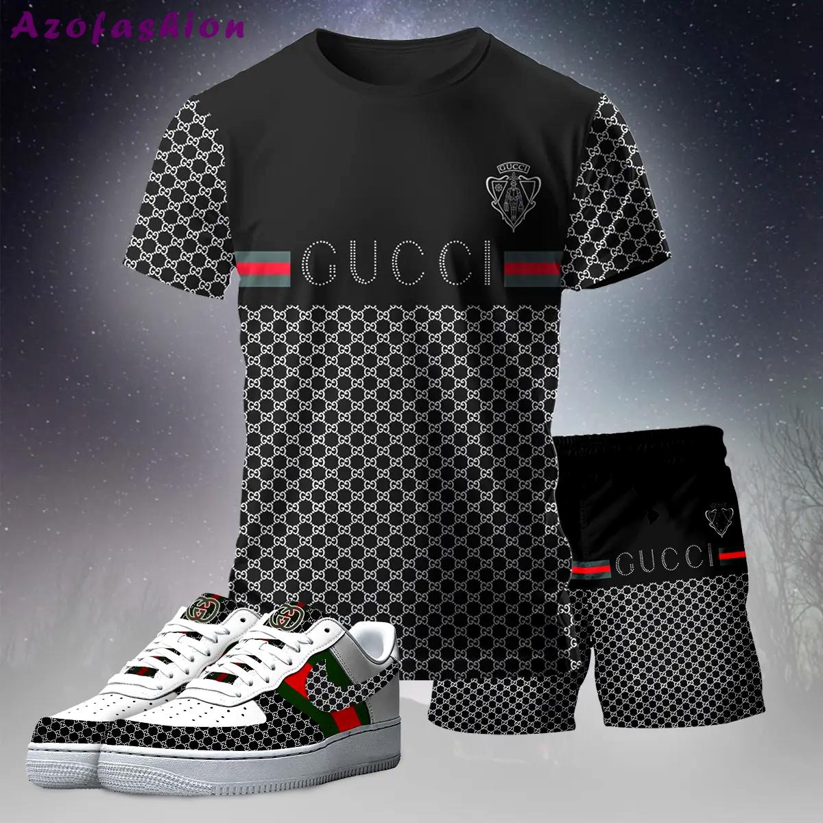 For the girls who love dark luxury streetwear, gucci graphic tee set – black casual everyday outfit with minimal edge T-Shirt Short Sneakers Set