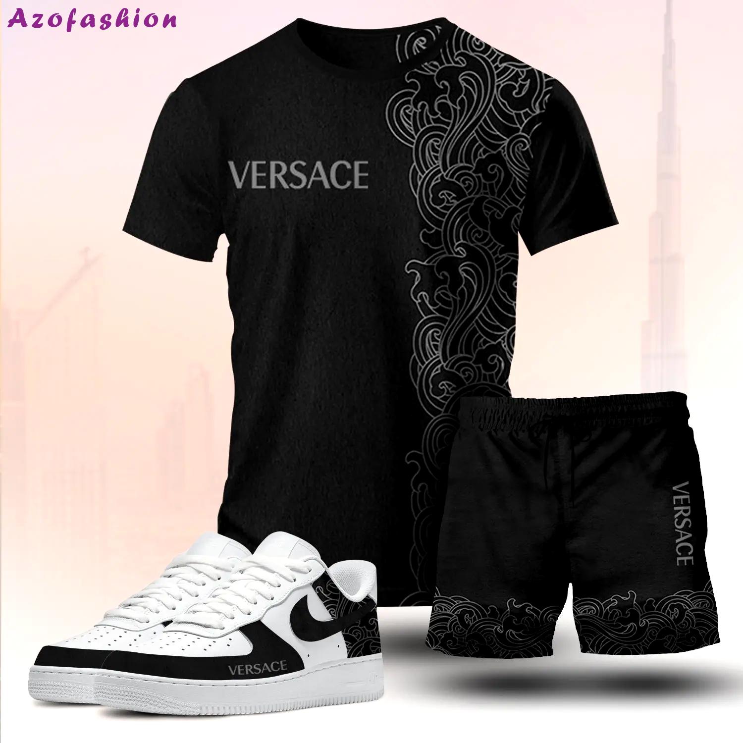 For the girls who love dark minimal streetwear, versace graphic tee set – black casual everyday outfit with luxury vibes T-Shirt Short Sneakers Set
