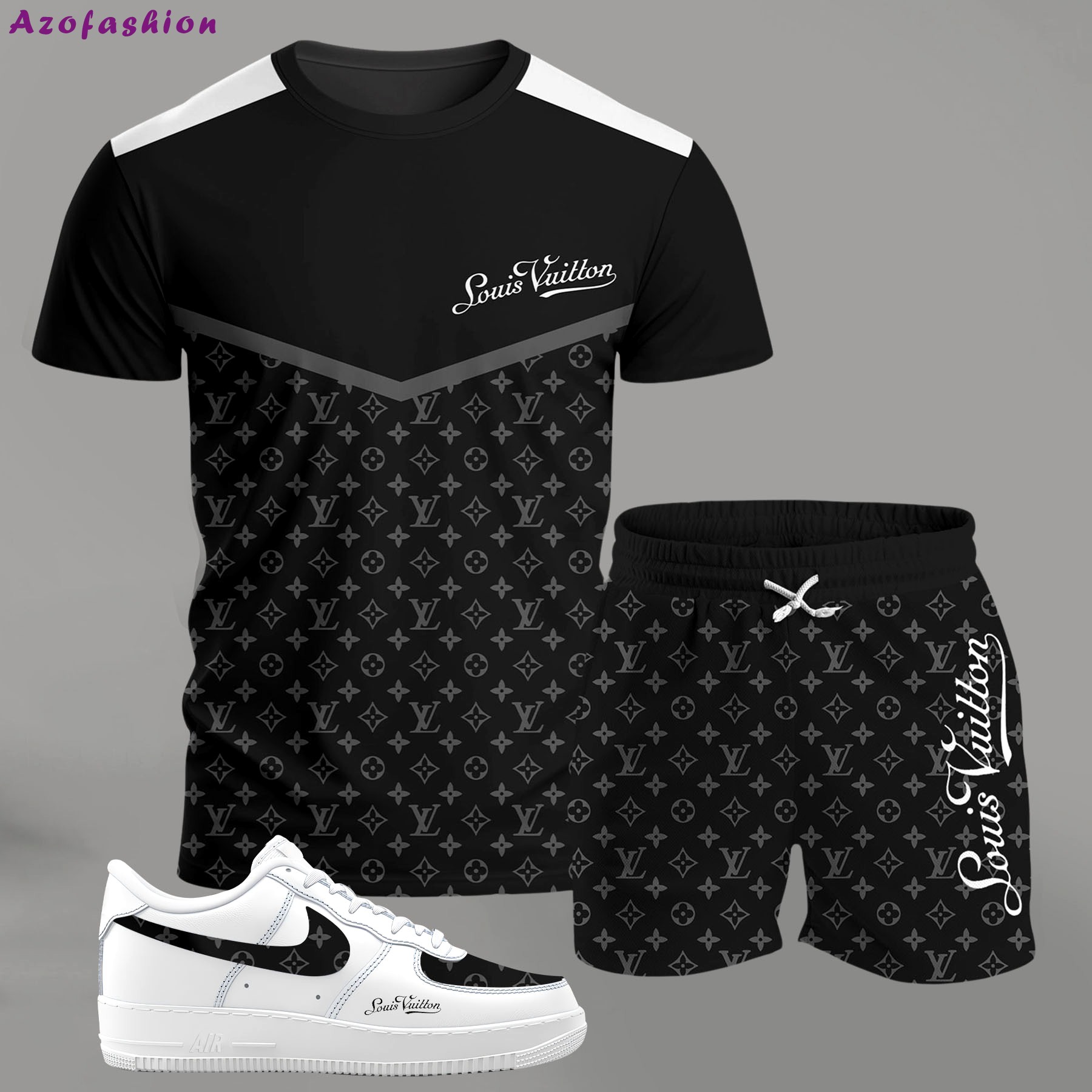For the girls who love monochrome street style, black panel monogram outfit t-shirt set | minimal aesthetic everyday wear T-Shirt Short Sneakers Set