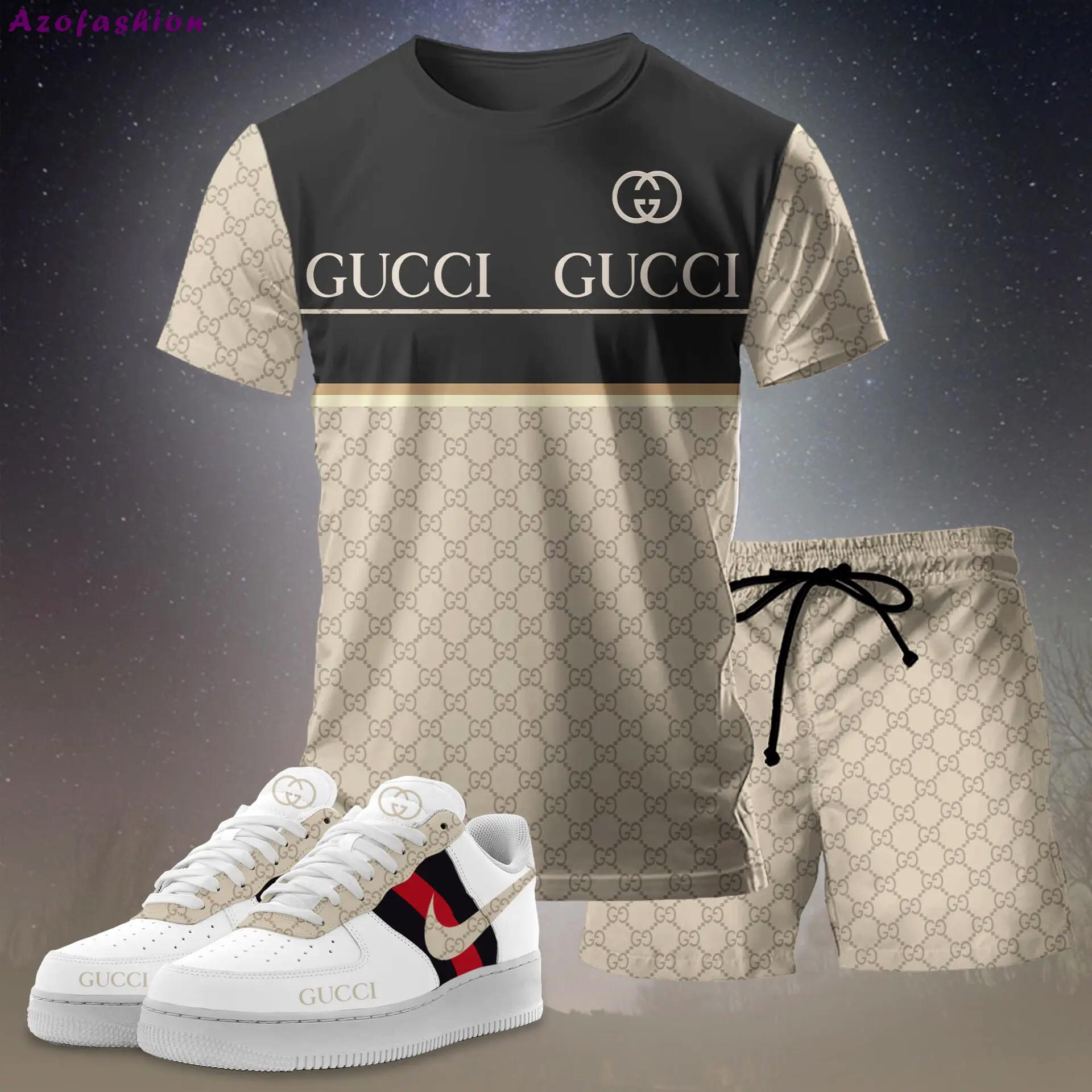For the girls who love neutral contrast styling, minimal logo stripe tee outfit t-shirt – beige monogram and black panel | casual everyday outfit aesthetic ideas T-Shirt Short Sneakers Set