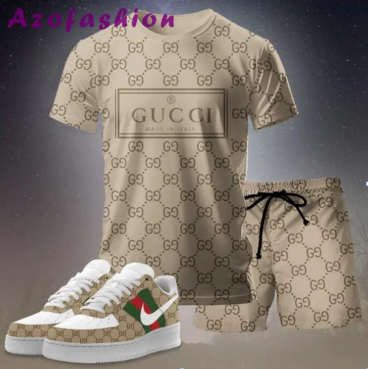 For the girls who love neutral designer vibes, minimal graphic tee outfit t-shirt – beige monogram logo print | casual everyday outfit aesthetic ideas T-Shirt Short Sneakers Set