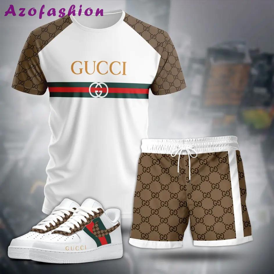 For the girls who love neutral sporty balance, minimal logo stripe tee outfit t-shirt – white with beige monogram sleeves | casual everyday outfit aesthetic ideas T-Shirt Short Sneakers Set