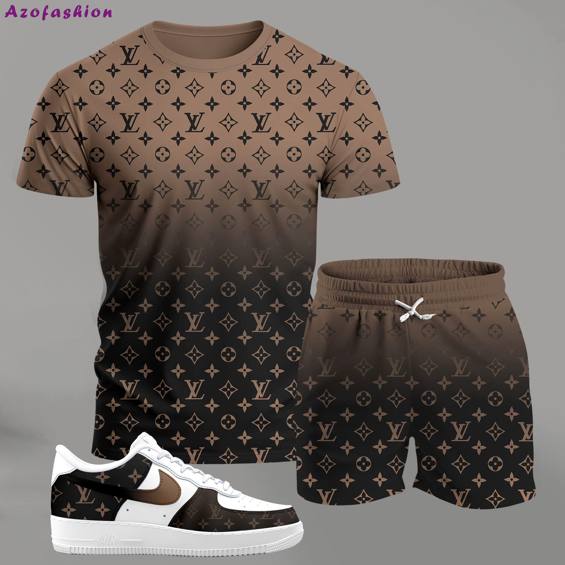For the girls who love neutral tones, brown gradient monogram outfit t-shirt set | minimal aesthetic everyday wear T-Shirt Short Sneakers Set
