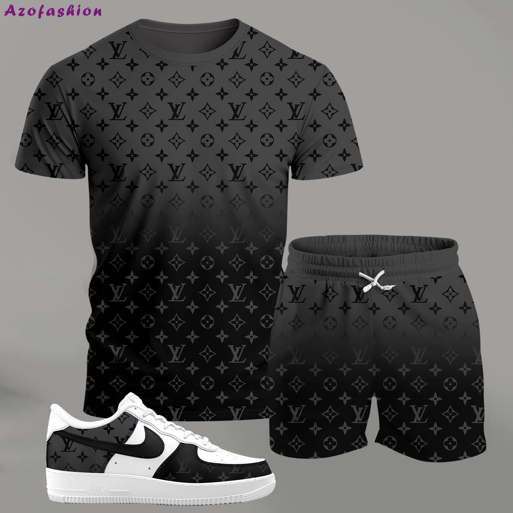 For the girls who love sleek monochrome streetwear, all-over pattern black gradient outfit t-shirt set | minimal aesthetic everyday wear T-Shirt Short Sneakers Set