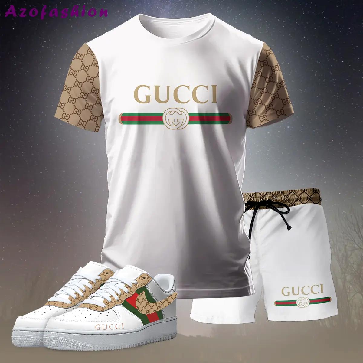 For the girls who love soft luxury style, gucci graphic tee set – white minimal casual everyday outfit ideas T-Shirt Short Sneakers Set