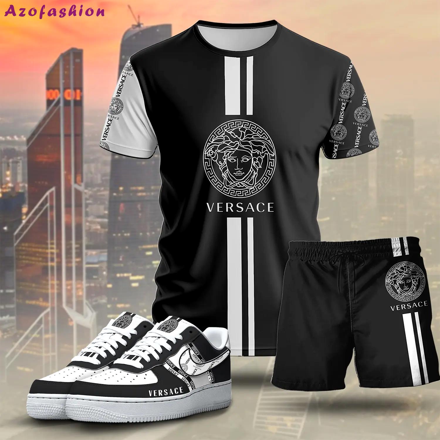 For the girls who love sporty luxury streetwear, versace graphic tee set – black minimal casual everyday outfit ideas T-Shirt Short Sneakers Set