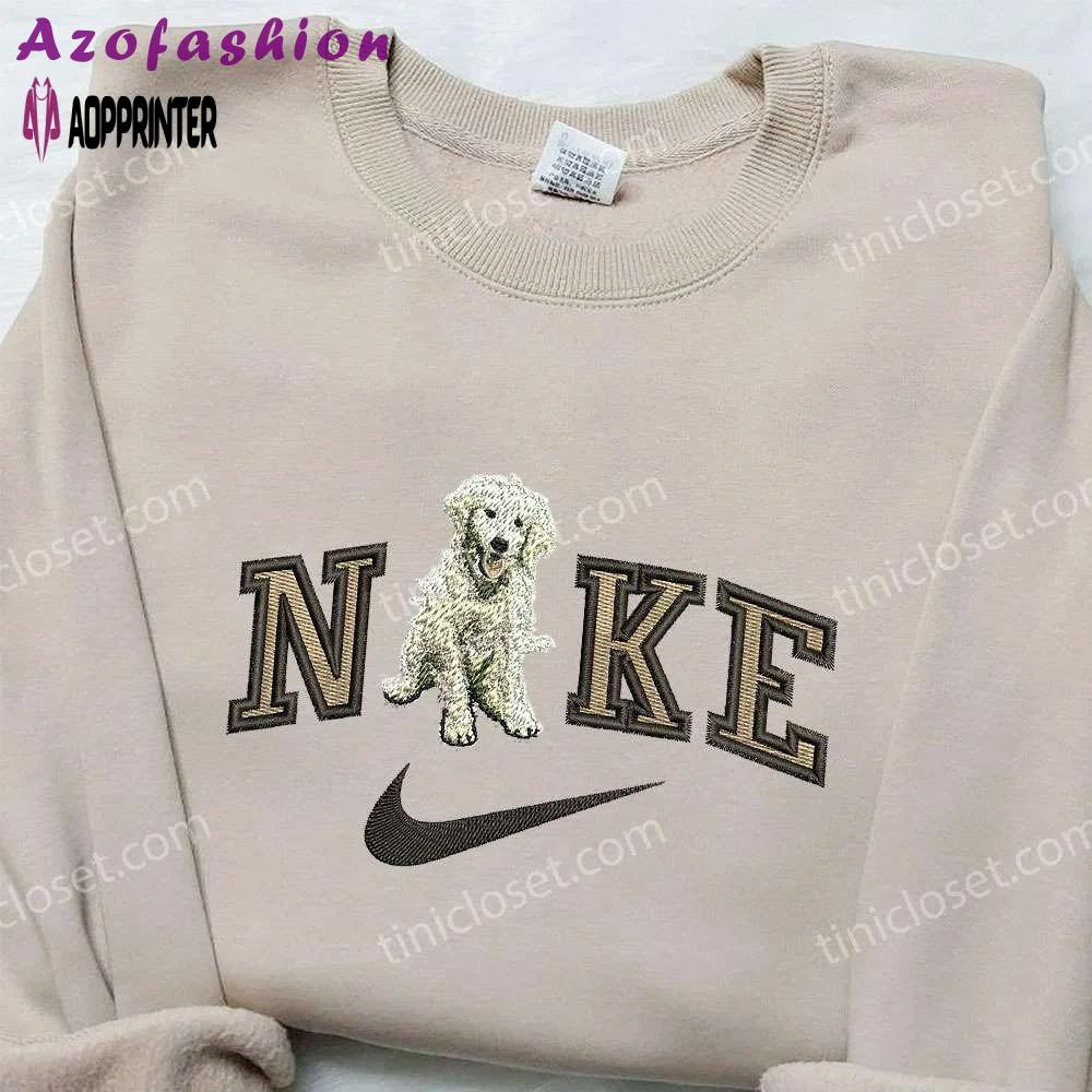 Golden retriever x nike embroidered shirt: custom animal tee for trendy nike fans! Embroidered Shirt