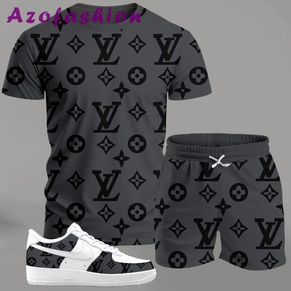 Grey monogram streetwear set for men, all-over pattern t-shirt and shorts combo with contrast sneakers T-Shirt Short Sneakers Set