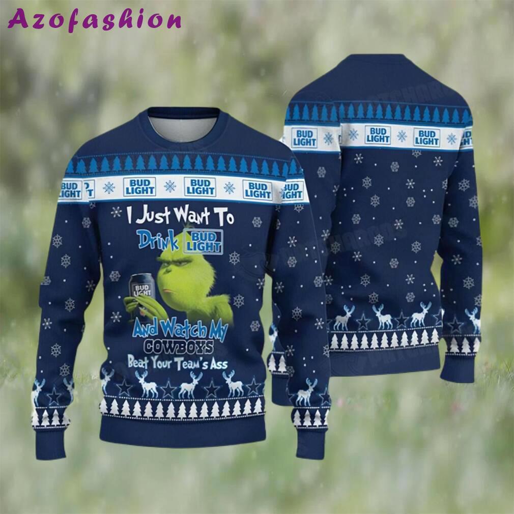 Grinch drink bud light and watch my cowboys ugly christmas sweater funny gift Christmas Ugly Sweater