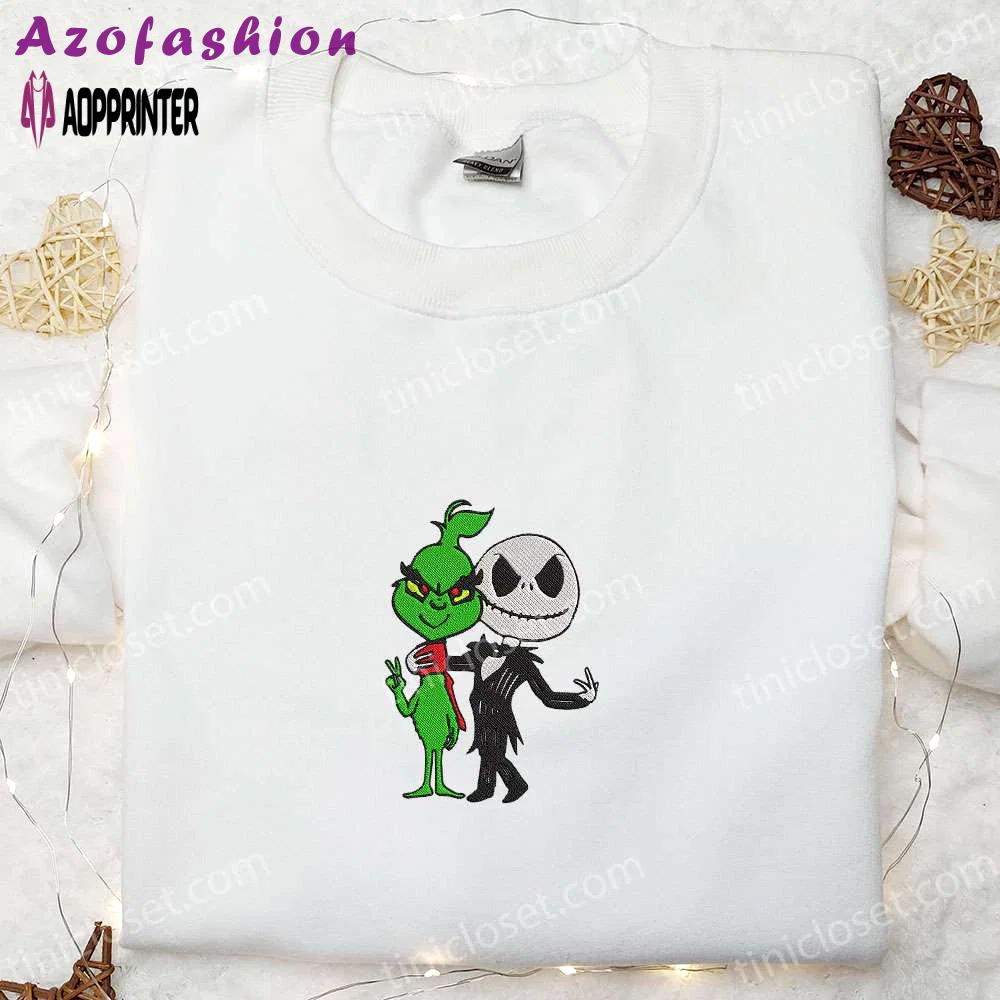 Grinch & jack skellington friends embroidered shirt – funny halloween gift for family Embroidered Shirt