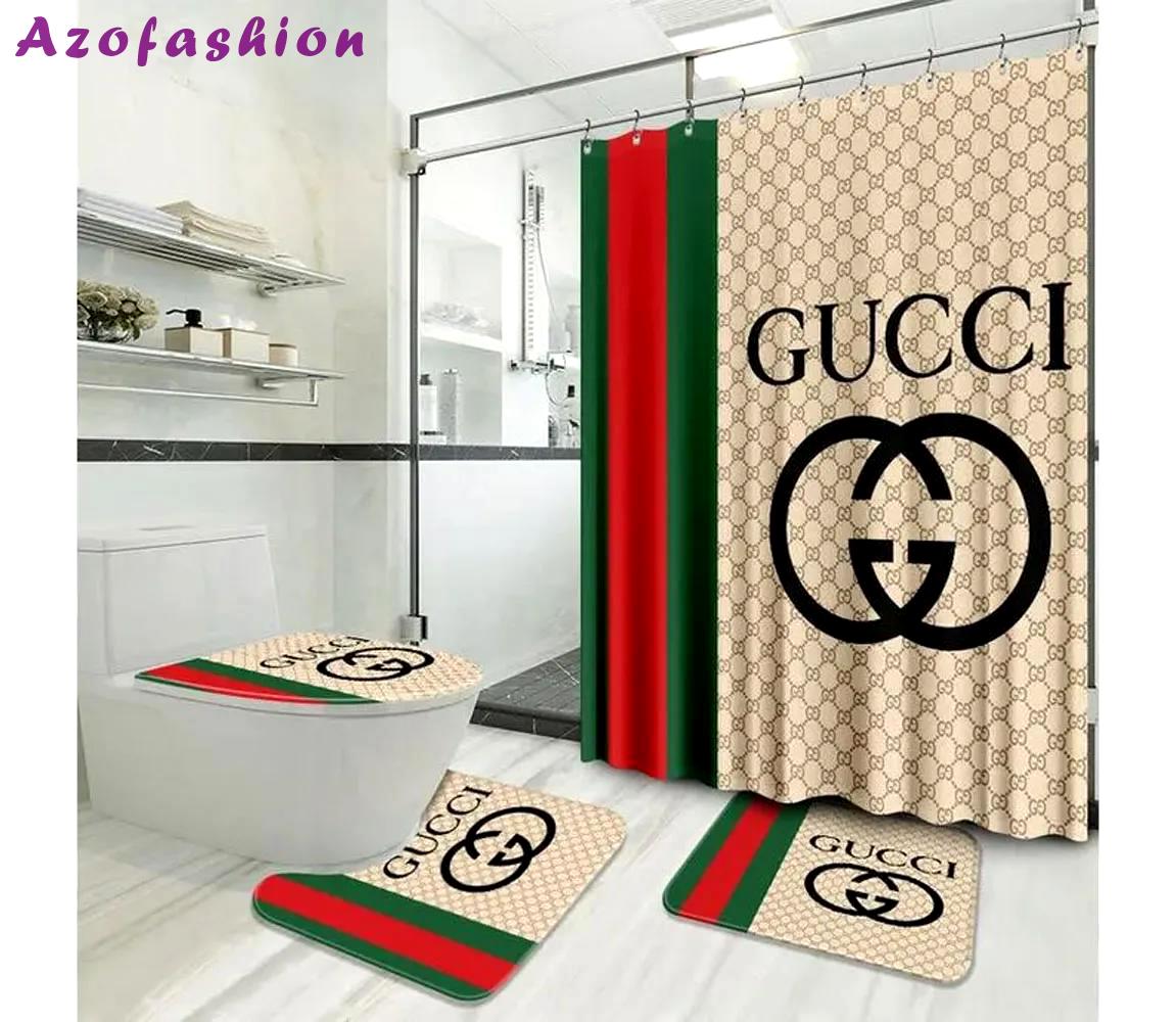 Gucci beige stripe bathroom set luxury shower curtain bath rug mat home decor Bathroom Set