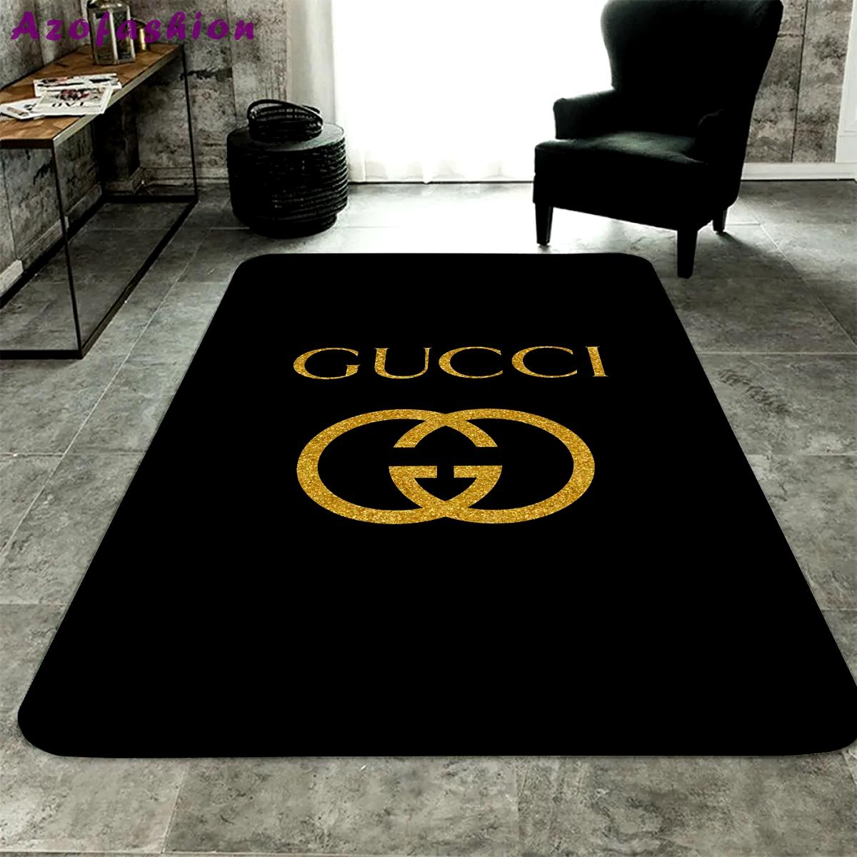 Gucci black golden logo type 497. Upgrade Your Living Room with Luxury Home Decor: Area Carpets, Floor Decor, Door Mats, and Hot Gift Items with style a High-End Fashion Brand Rectangle Rug