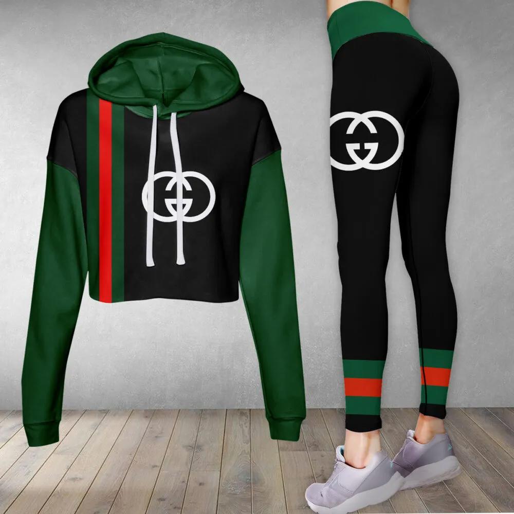 Gucci black green luxury brand clothes leggings and crop top set for women Croptop Hoodie Legging Set