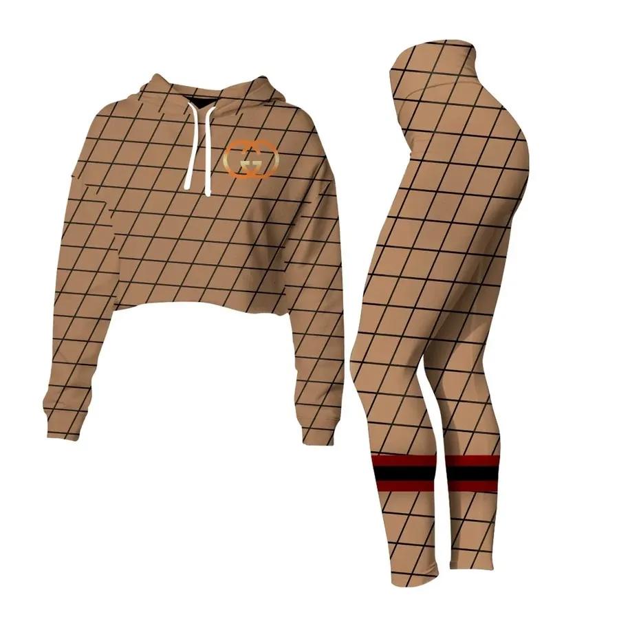 Gucci caro brown luxury brand clothes premium leggings and crop top set for women Croptop Hoodie Legging Set