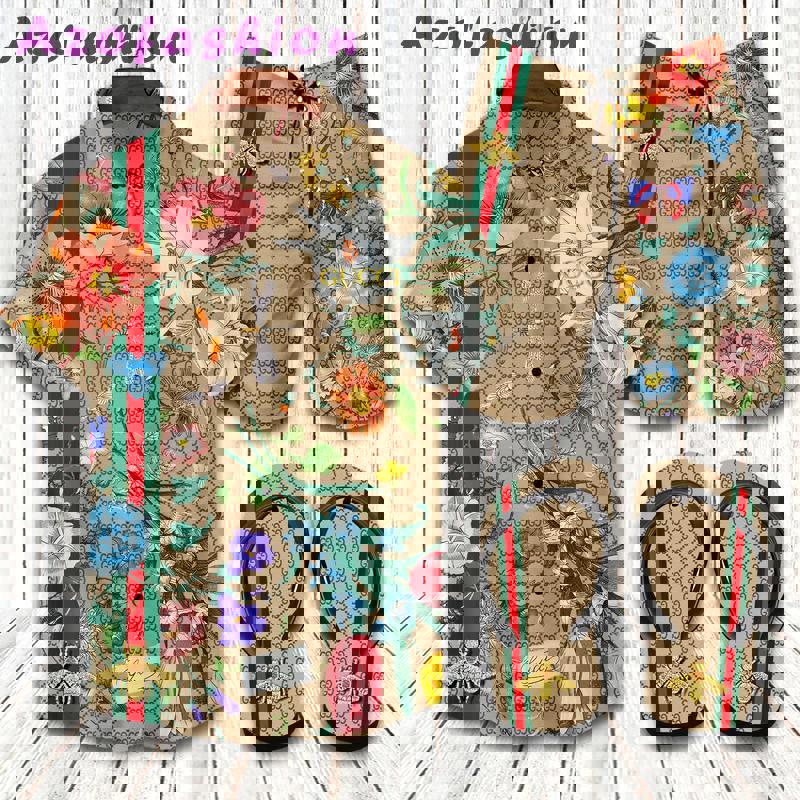 Gucci flip flops and combo hawaii shirt shorts luxury brand summer outfit 1 Hawaii Shirt Shorts & Flip Flops