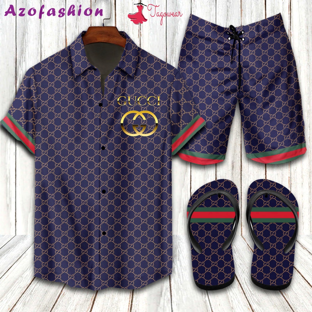 Gucci  flip flops and combo hawaiian shirt, beach shorts luxury summer clothes style #197 Hawaii Shirt Shorts & Flip Flops