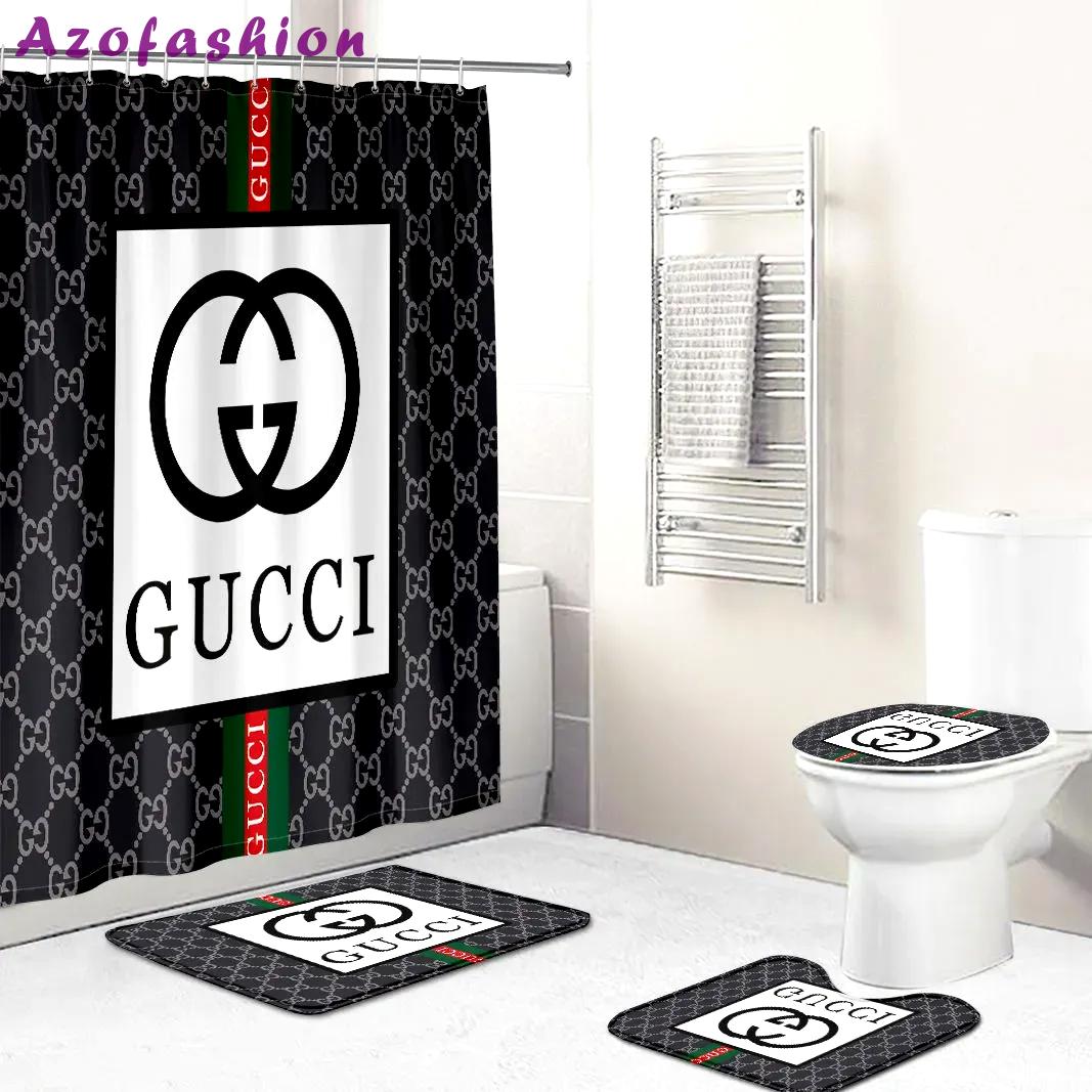 Gucci gc luxury bathroom set gray and black white logo shower curtain 207 Bathroom Set