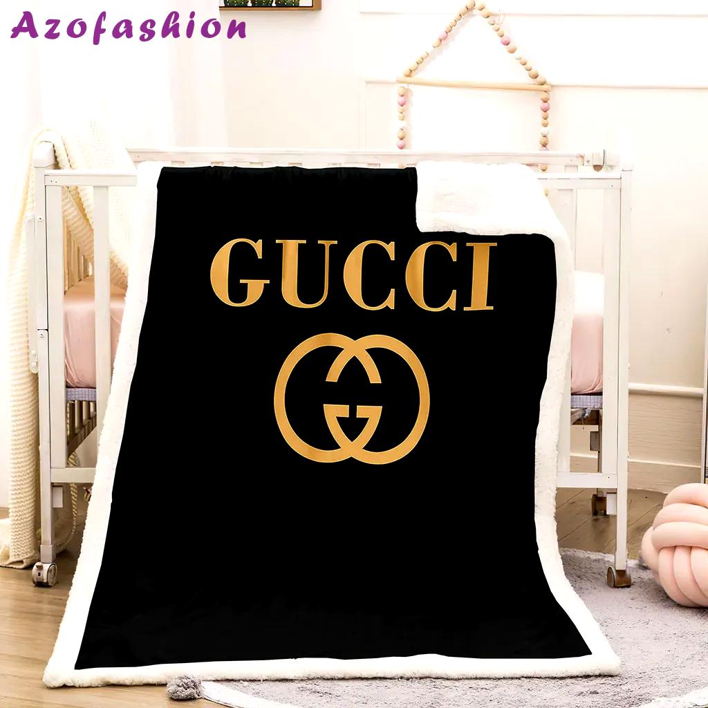 Gucci golden logo black luxury brand premium blanket fleece home decor 34 Blanket Fleece
