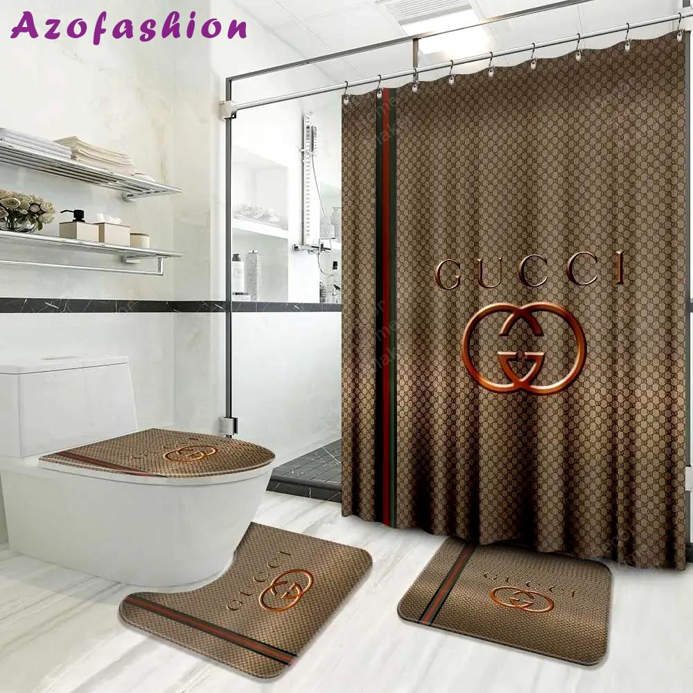 Gucci logo type 1408 Bathroom Accessory Sets Pedestal Rug Waterproof Shower Curtain Hypebeast Bathroom Home Decor Toilet Cover Bath Mat Set Luxury Fashion Brand Bathroom Sets