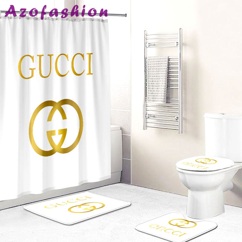 Gucci luxury bath mat sets white and gold logo bath mat sets shower curtain 262 Bathroom Set