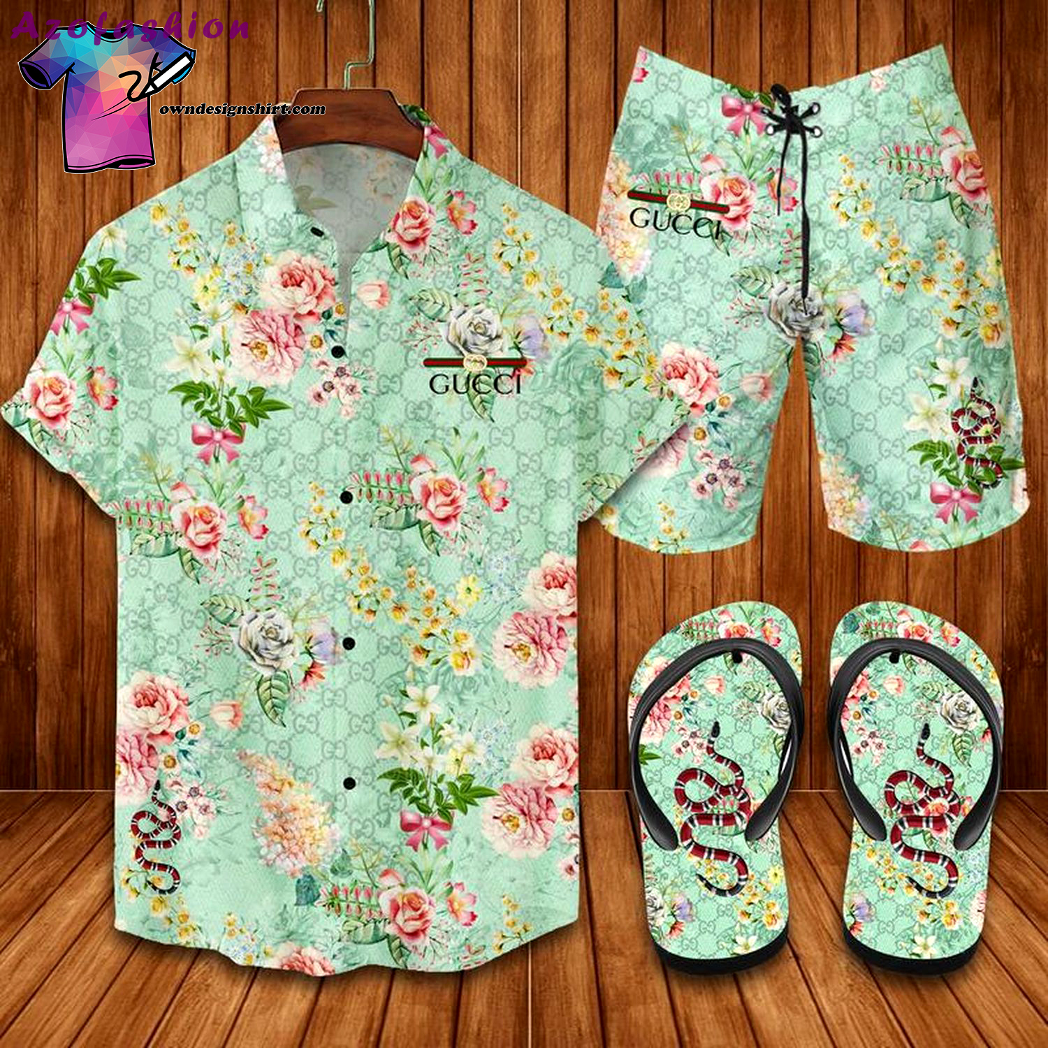 Gucci snake and flower full print hawaiian shirt beach shorts and flip flops Hawaii Shirt Shorts & Flip Flops