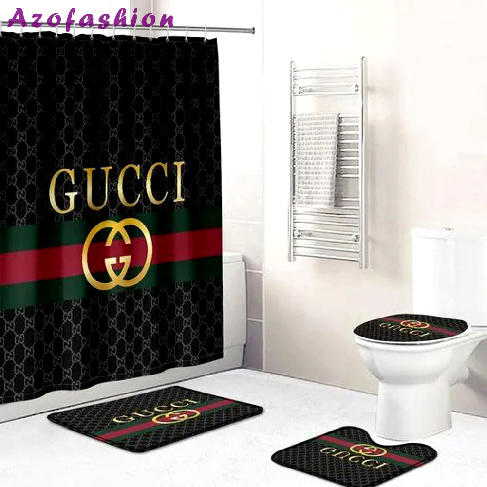 Gucci stripe logo type 1683 Bathroom Accessory Sets Hypebeast Bathroom Bathroom Sets Toilet Cover Waterproof Shower Curtain Bath Mat Set Pedestal Rug Home Decor Luxury Fashion Brand