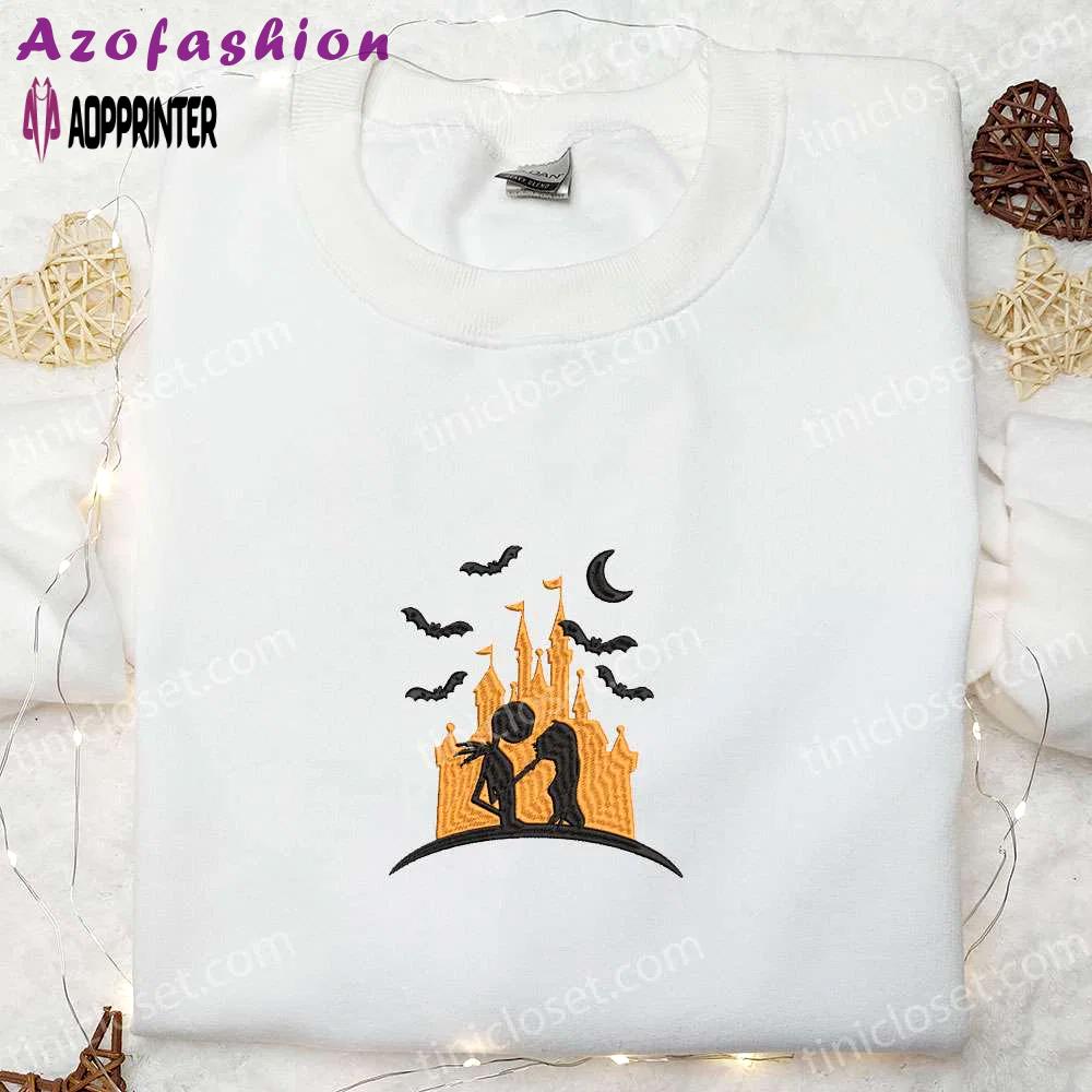 Halloween castle jack skellington & sally embroidered sweatshirt: nightmare before christmas hoodie perfect gift for halloween lovers Embroidered Shirt
