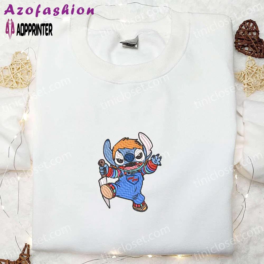 Halloween chucky & disney stitch embroidered sweatshirt funny t-shirt: spooktacular halloween apparel Embroidered Shirt