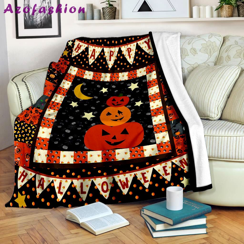Halloween decorations happy halloween – pumpkins under the moon fleece blanket – quilt blanket Quilt Blanket
