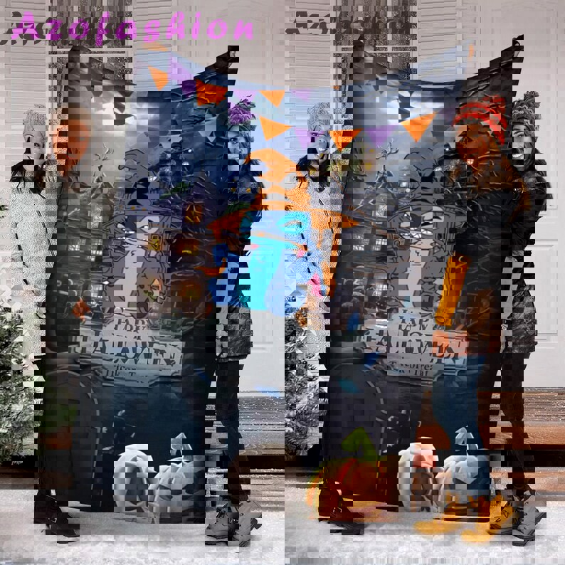 Halloween decorations happy halloween stitch blanket, halloween witch blanket, stitch halloween blanket, spooky vibes decor, pumpkin halloween, fleece mink sherpa Quilt Blanket