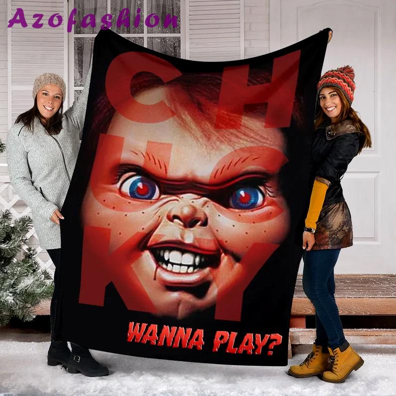 Halloween decorations horror characters chucky blanket, chucky doll blanket, halloween movies blanket, child's play movie, horror movie fleece mink sherpa blanket Quilt Blanket