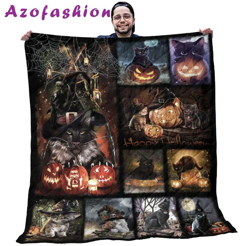 Halloween decorations pumpkin quilt - black cat halloween with scary pumpkin spooky house quilt - gifts for pumpkin lovers Quilt Blanket