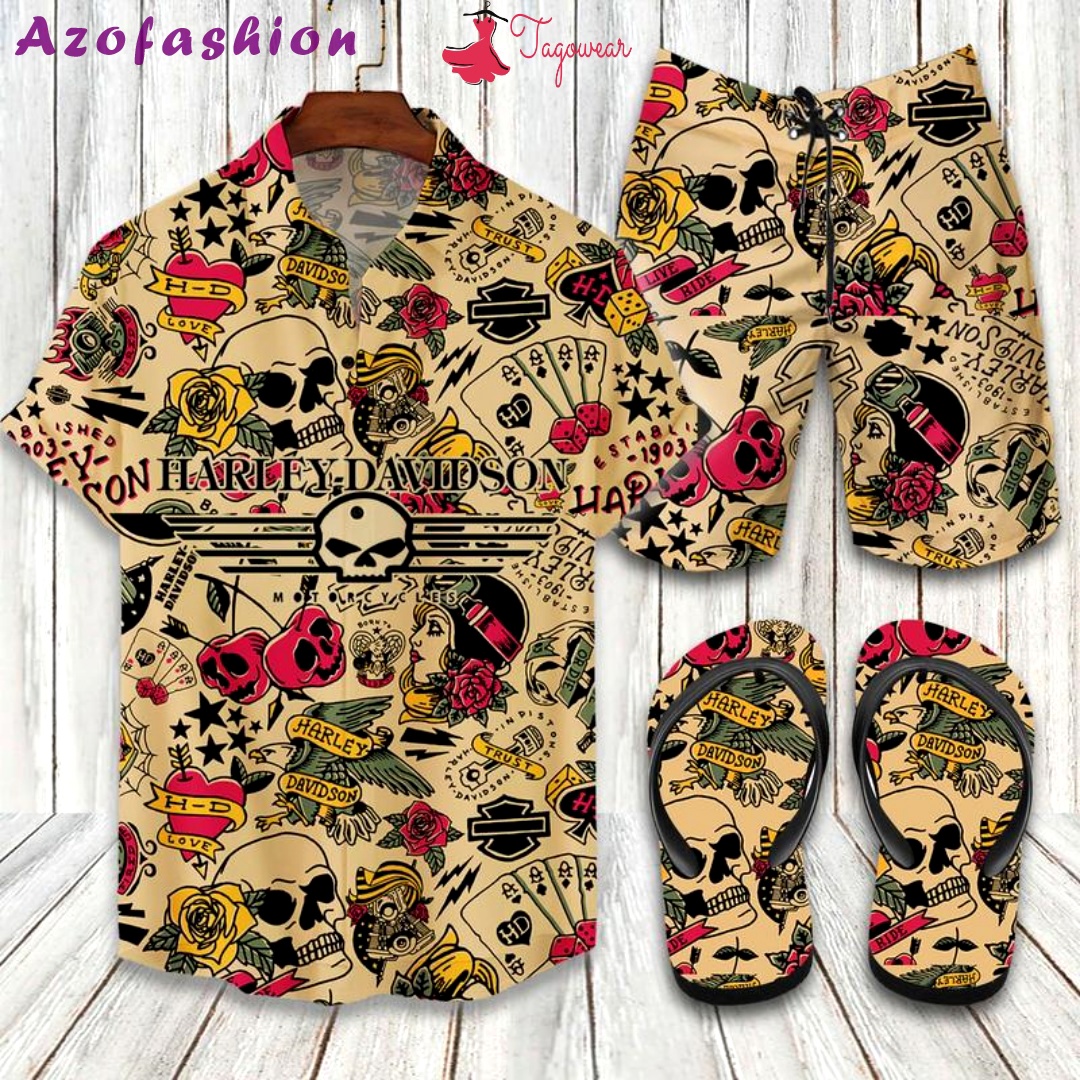Harley davidson flip flops and combo hawaiian shirt, beach shorts luxury summer clothes style #359 Hawaii Shirt Shorts & Flip Flops
