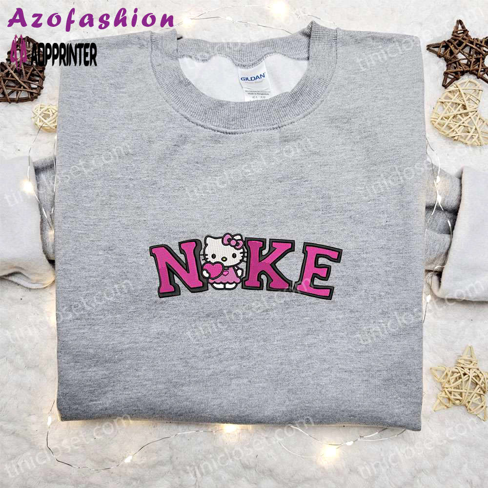 Hello kitty heart x nike embroidered tshirt – cute cartoon shirt with nike inspiration Embroidered Shirt